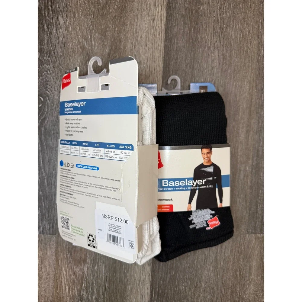 Hanes Premium Baselayer Mens XL 2 Pack Black White Stretch Thermal Crewneck Tops